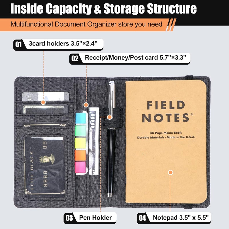 Plinyvel Notebook Cover for Field Notes 3.5"x5.5" - Waterproof Organizer with Pen Loop Holder and Card Slots, Travel Journal Accessories, Fits 3.5x5.5 Inch Pocket Notebooks (Black) - Image 4
